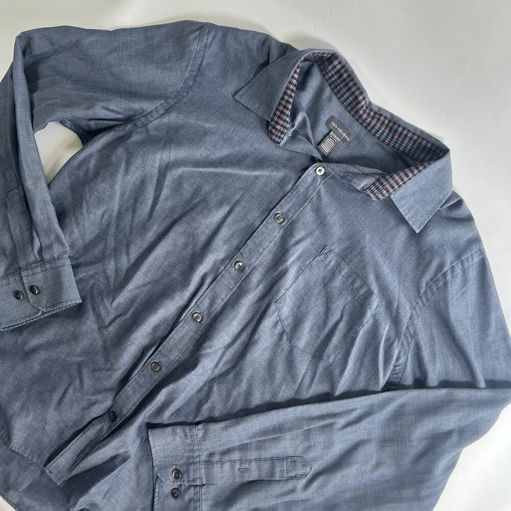 Van Heusen Men's Blue Solid Woven Button-Up Shirt Long Sleeve Pockets XL - Picture 2 of 8